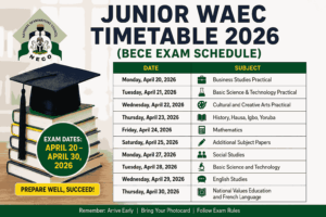 Junior Waec Timetable 2026